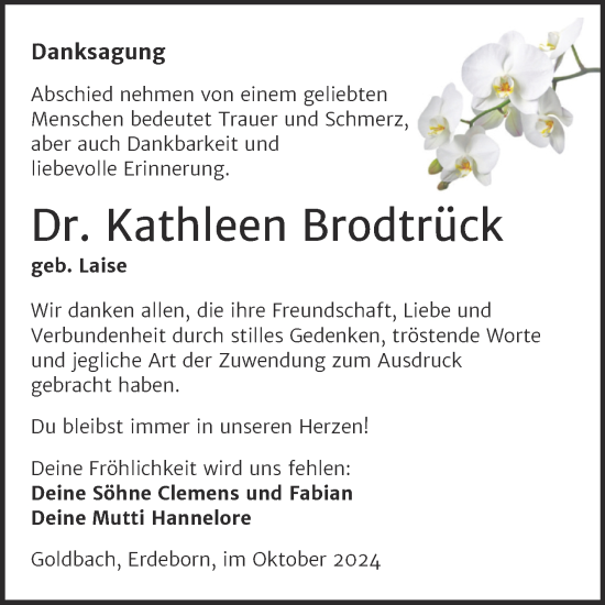 Traueranzeige von Kathleen Brodtrück von Trauerkombi Mansfelder Land