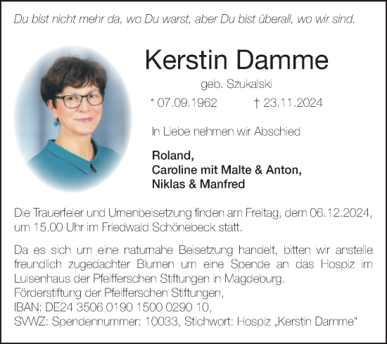 Traueranzeige von Kerstin Damme von Volksstimme Magdeburg