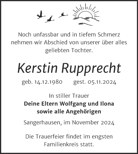 Traueranzeige von Kerstin Rupprecht von Trauerkombi Sangerhausen