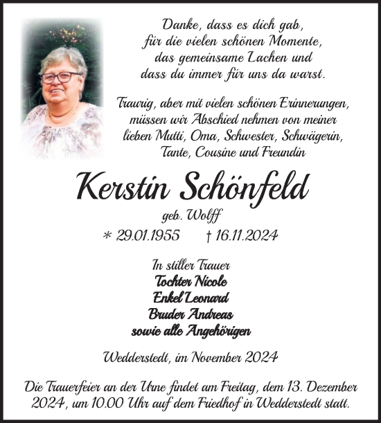 Traueranzeige von Kerstin Schönfeld von Super Sonntag Quedlingburg