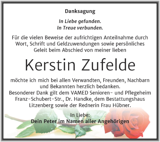Traueranzeige von Kerstin Zufelde von Trauerkombi Mansfelder Land