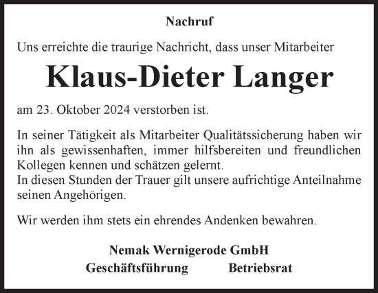 Traueranzeige von Klaus-Dieter Langer von Volksstimme Wernigerode