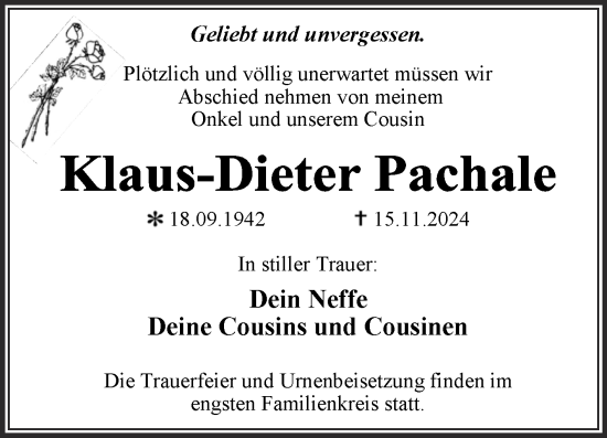 Traueranzeige von Klaus-Dieter Pachale von Trauerkombi Dessau