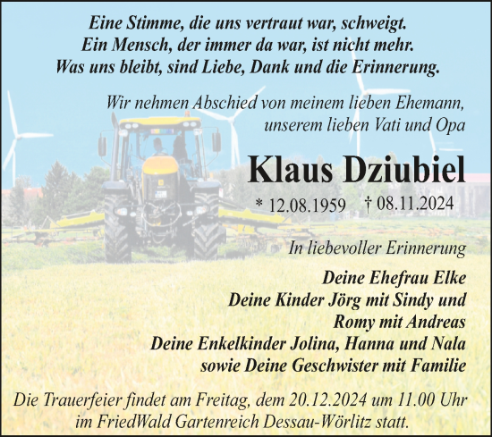 Traueranzeige von Klaus Dziubiel von Trauerkombi Wittenberg