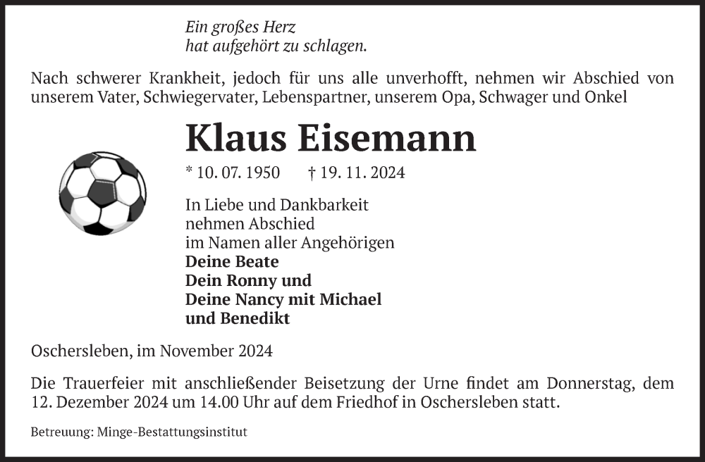  Traueranzeige für Klaus Eisemann vom 30.11.2024 aus Volksstimme Oschersleben/Wanzleben