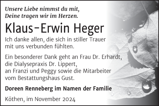 Traueranzeige von Klaus-Erwin Heger von Trauerkombi Köthen