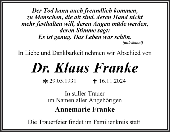 Traueranzeige von Klaus Franke von Trauerkombi Dessau