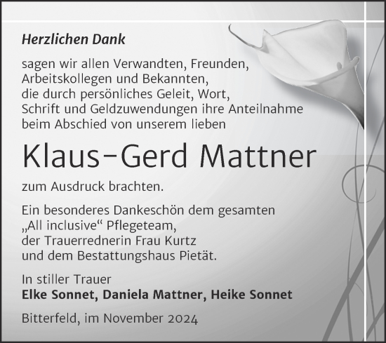 Traueranzeige von Klaus-Gerd Mattner von Trauerkombi Bitterfeld