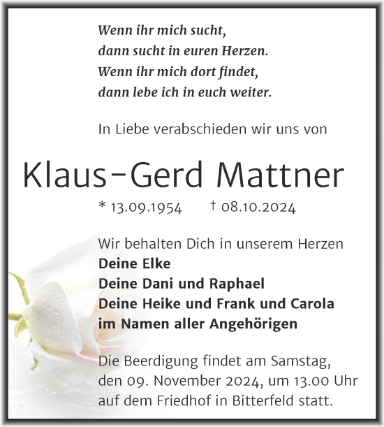 Traueranzeige von Klaus-Gerd Mattner von Trauerkombi Bitterfeld