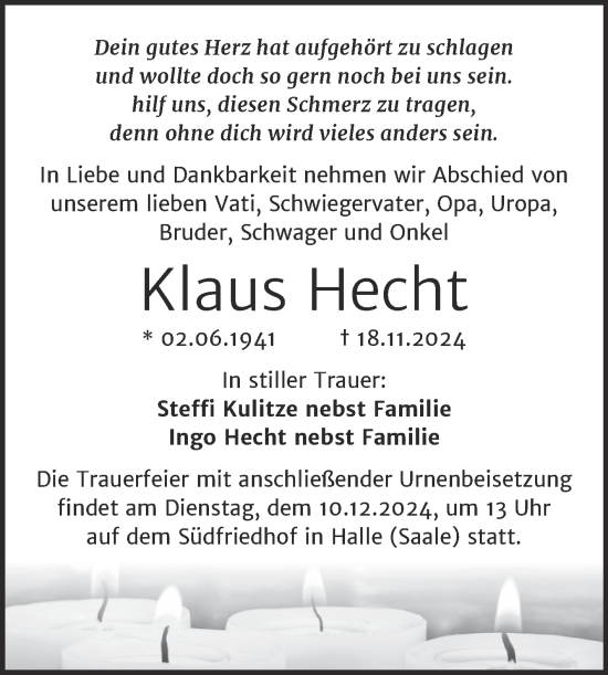 Traueranzeige von Klaus Hecht von Mitteldeutsche Zeitung Halle/Saalkreis