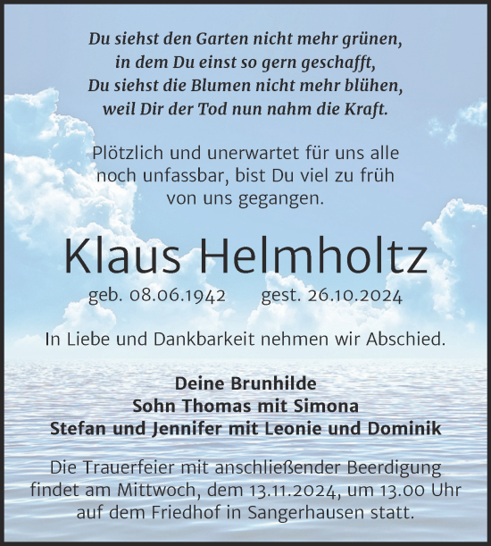 Traueranzeige von Klaus Helmholtz von Trauerkombi Sangerhausen