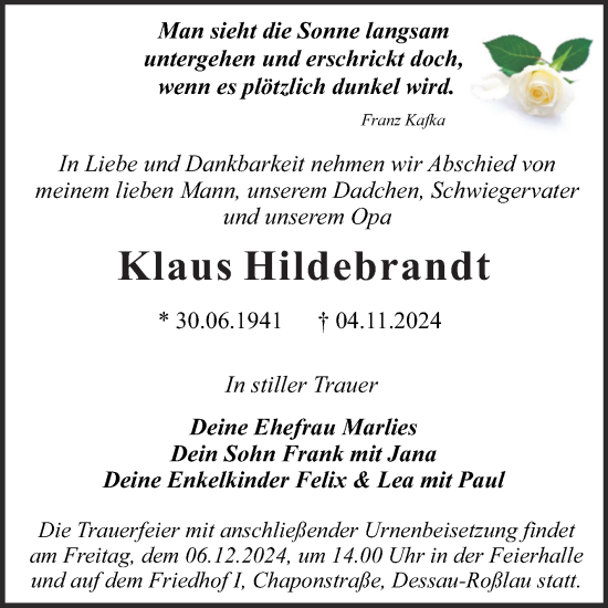 Traueranzeige von Klaus Hildebrandt von Trauerkombi Dessau