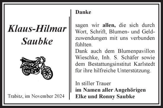 Traueranzeige von Klaus-Hilmar Saubke von Volksstimme Schönebeck