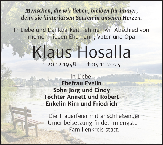 Traueranzeige von Klaus Hosalla von Trauerkombi Dessau