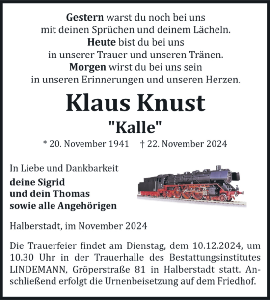 Traueranzeige von Klaus Knust von Volksstimme Halberstadt