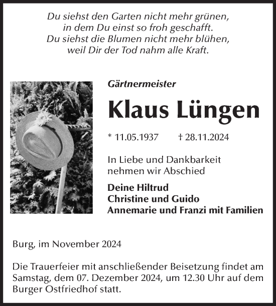 Traueranzeige von Klaus Lüngen von Volksstimme Burg/Genthin