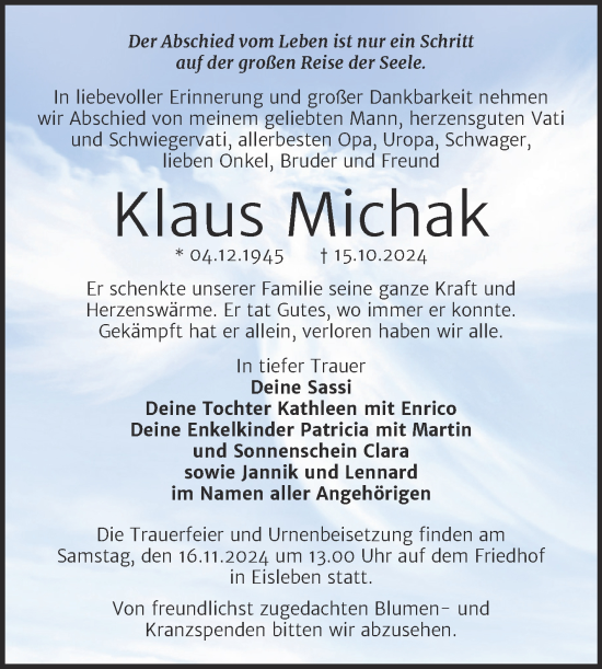 Traueranzeige von Klaus Michak von Trauerkombi Mansfelder Land