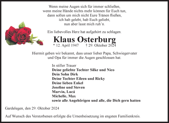 Traueranzeige von Klaus Osterburg von Volksstimme Altmark West