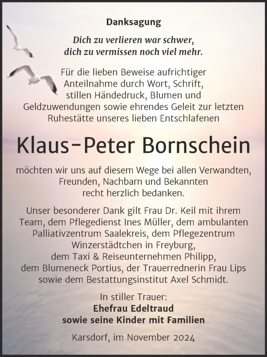 Traueranzeige von Klaus-Peter Bornschein von Super Sonntag Naumburg/Nebra