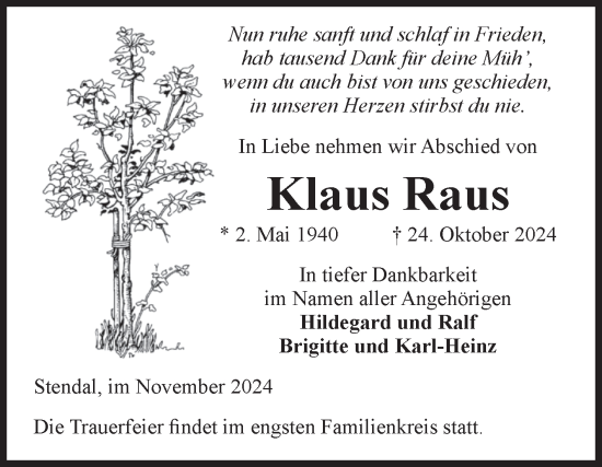 Traueranzeige von Klaus Raus von Volksstimme Altmark Ost