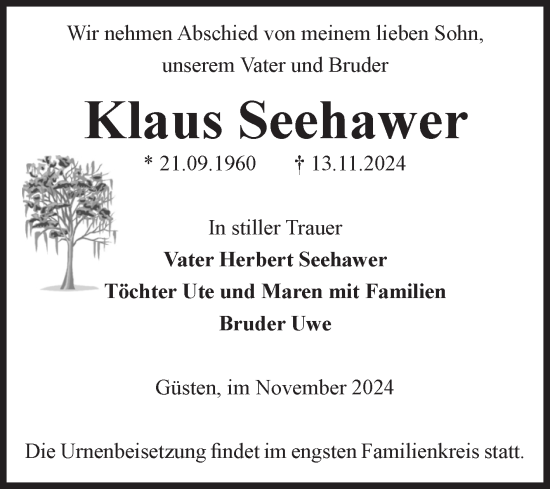 Traueranzeige von Klaus Seehawer von Volksstimme Staßfurt