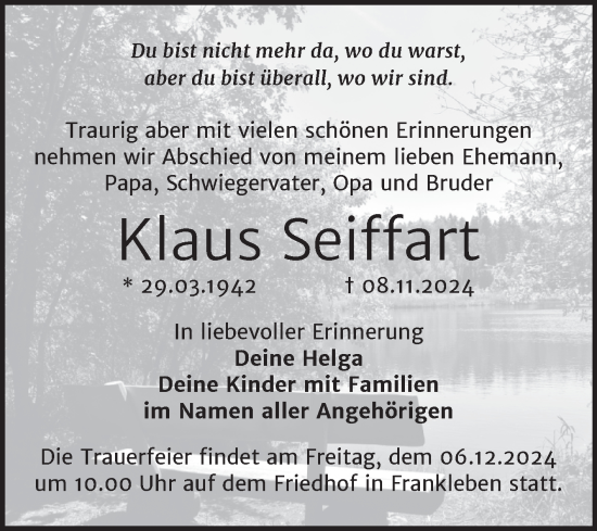 Traueranzeige von Klaus Seiffart von Trauerkombi Merseburg