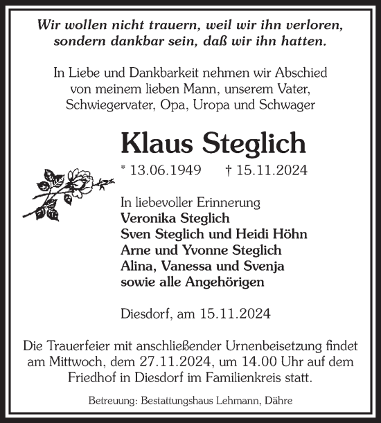 Traueranzeige von Klaus Steglich von Volksstimme Altmark West