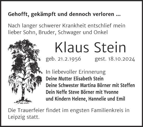 Traueranzeige von Klaus Stein von Trauerkombi Köthen