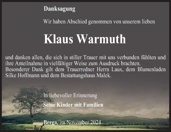 Traueranzeige von Klaus Warmuth von Trauerkombi Sangerhausen