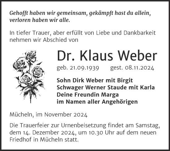 Traueranzeige von Klaus Weber von Trauerkombi Merseburg