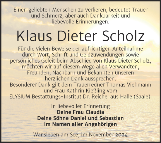 Traueranzeige von Klaus Dieter Scholz von Trauerkombi Mansfelder Land