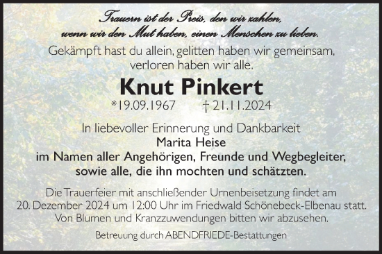 Traueranzeige von Knut Pinkert von Volksstimme Magdeburg