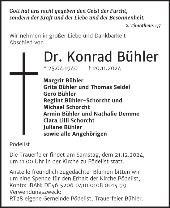 Traueranzeige von Konrad Bühler von Super Sonntag Naumburg/Nebra