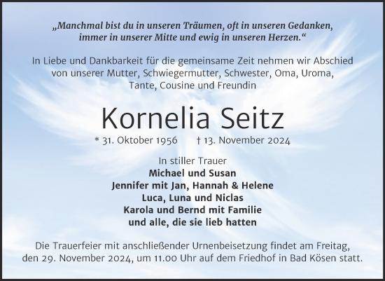 Traueranzeige von Kornelia Seitz von Naumburger Tageblatt