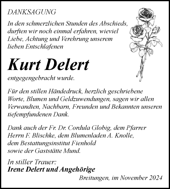 Traueranzeige von Kurt Delert von Trauerkombi Sangerhausen