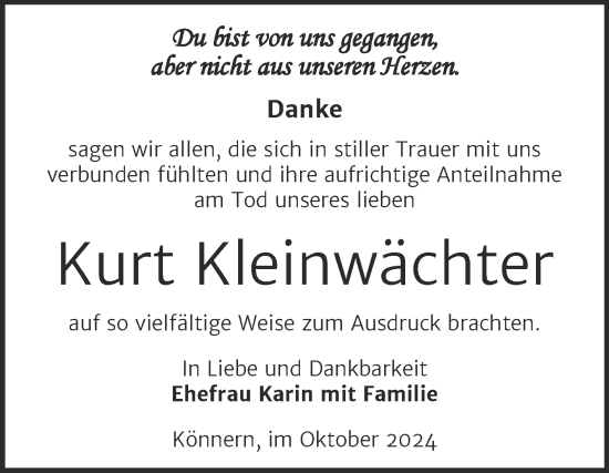 Traueranzeige von Kurt Kleinwächter von Trauerkombi Bernburg