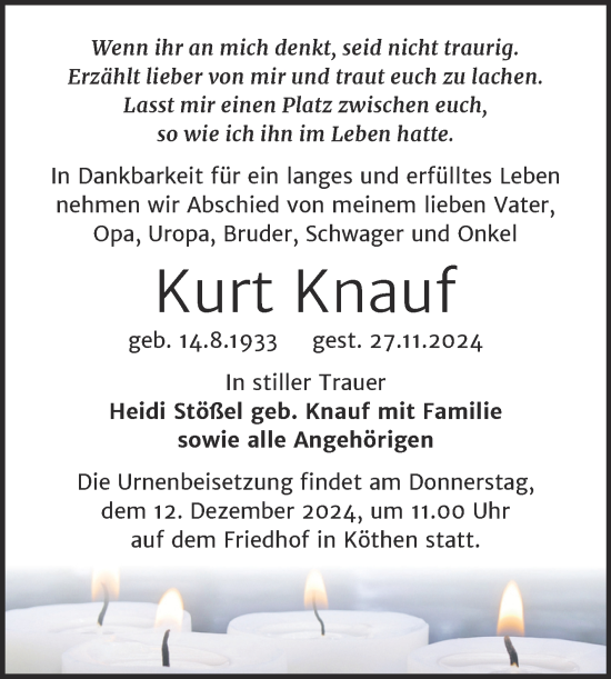 Traueranzeige von Kurt Knauf von Trauerkombi Köthen