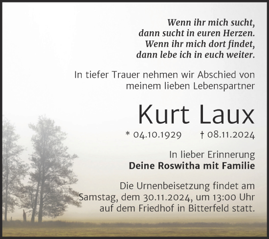 Traueranzeige von Kurt Laux von Trauerkombi Bitterfeld