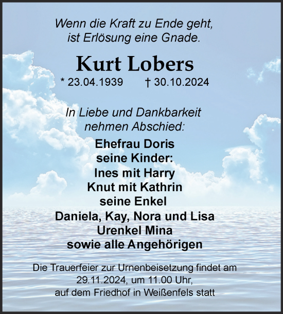 Traueranzeige von Kurt Lobers von Trauerkombi Weißenfels