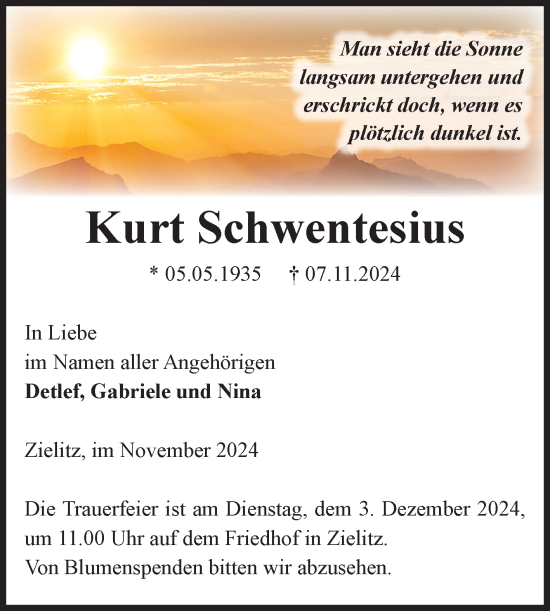 Traueranzeige von Kurt Schwentesius von Volksstimme Haldensleben/Wolmirstedt