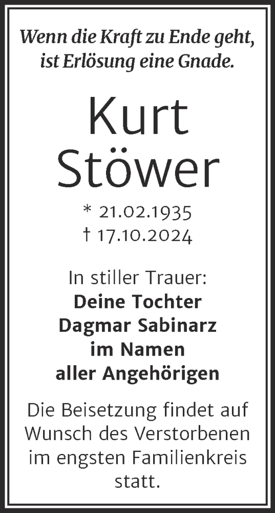Traueranzeige von Kurt Stöwer von Mitteldeutsche Zeitung Halle/Saalkreis
