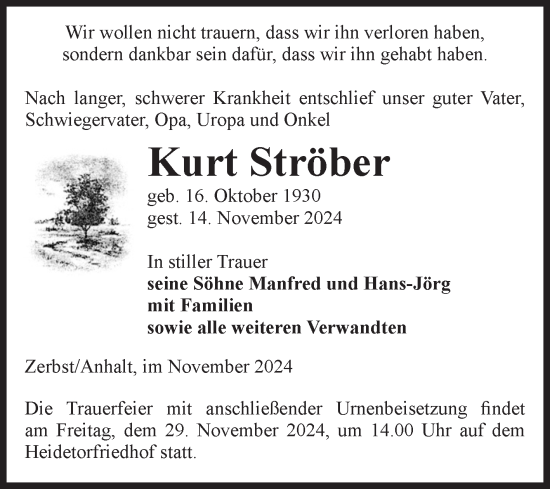 Traueranzeige von Kurt Ströber von Volksstimme Zerbst