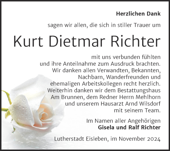 Traueranzeige von Kurt Dietmar Richter von Trauerkombi Mansfelder Land