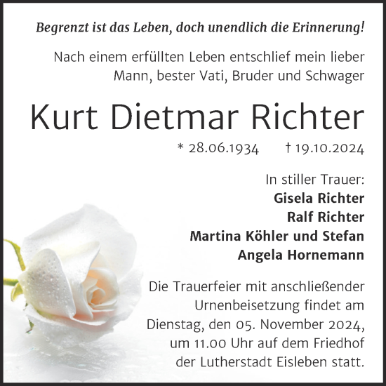 Traueranzeige von Kurt Dietmar Richter von Trauerkombi Mansfelder Land