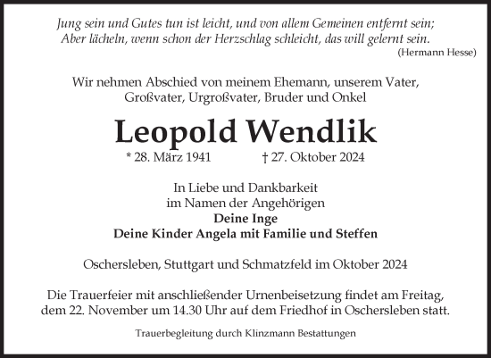 Traueranzeige von Leopold Wendlik von Volksstimme Oschersleben/Wanzleben