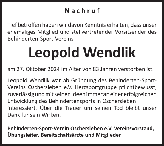 Traueranzeige von Leopold Wendlik von Volksstimme Oschersleben/Wanzleben
