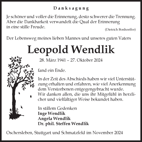 Traueranzeige von Leopold Wendlik von Volksstimme Oschersleben/Wanzleben
