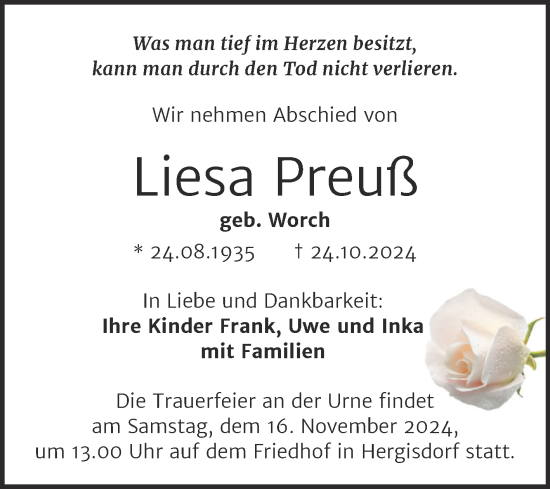 Traueranzeige von Liesa Preuß von Trauerkombi Mansfelder Land