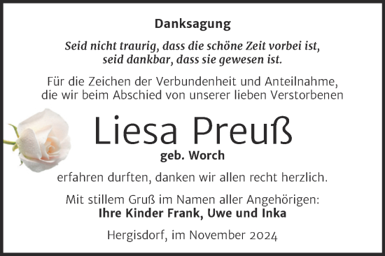Traueranzeige von Liesa Preuß von Trauerkombi Mansfelder Land