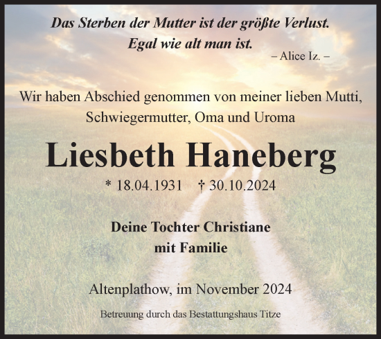 Traueranzeige von Liesbeth Haneberg von Volksstimme Burg/Genthin